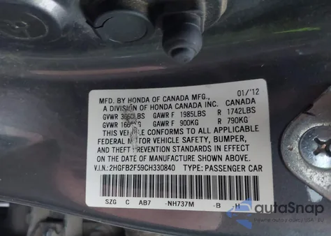 2012 Honda Civic Lx z USA, uszkodzony, nr VIN 2HGFB2F59CH330840